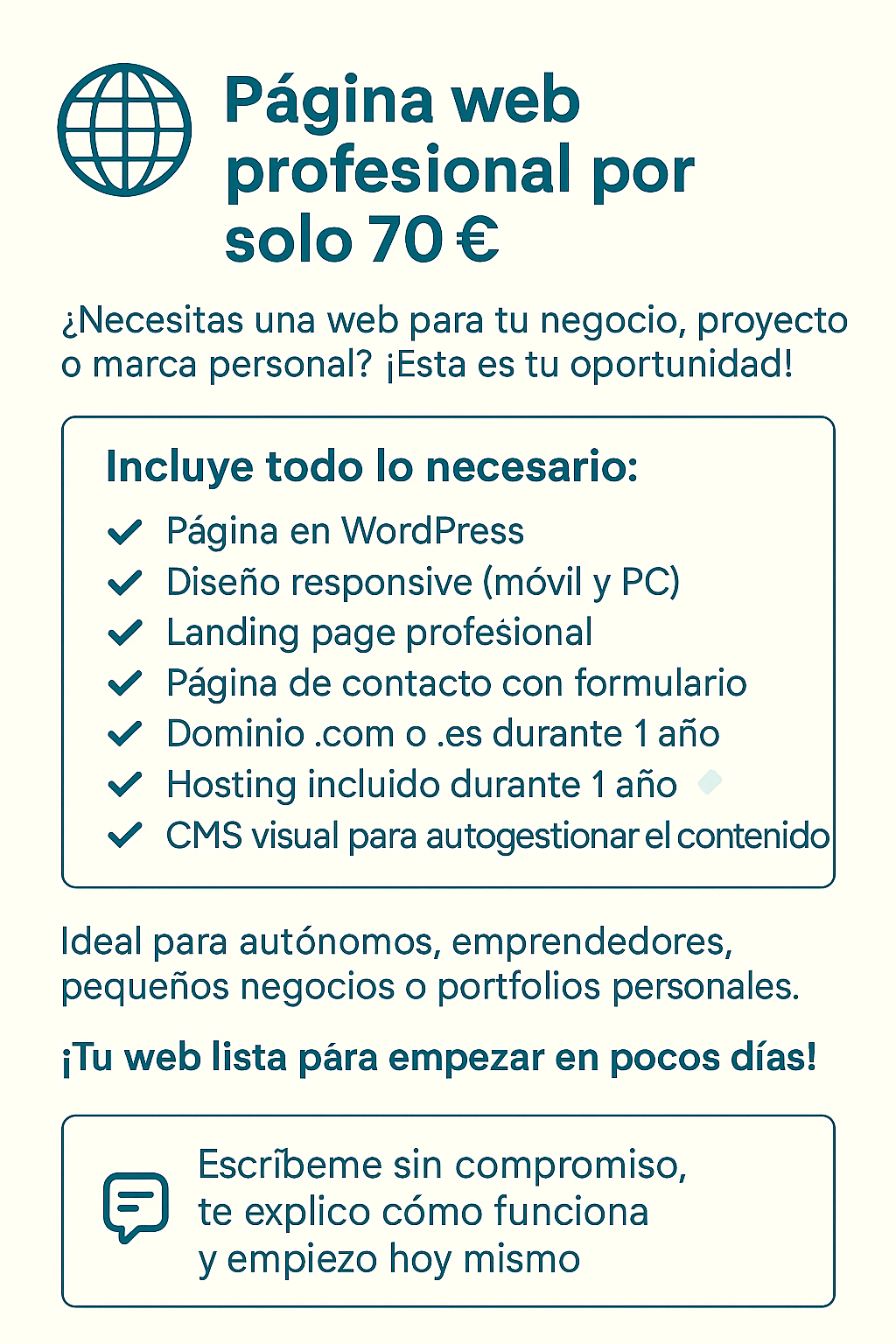 🌐 PÁGINA WEB PROFESIONAL POR SOLO 70 € – DOMINIO Y HOSTING INCLUIDOS